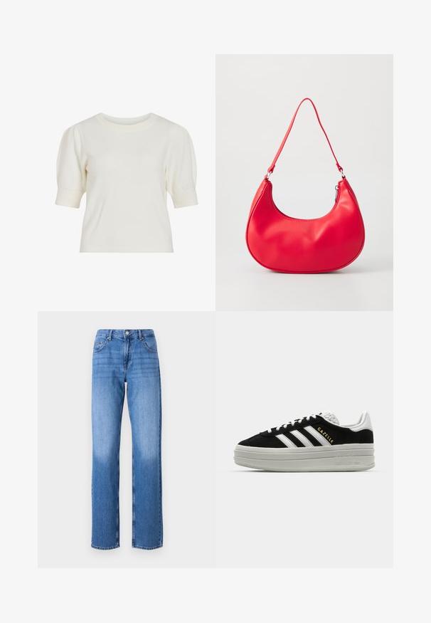 Witte, korte mouwen gebreide top met een ronde hals en puffmouwen. Glad oppervlak en aansluitende pasvorm, geschikt voor casual wear.; Lichtblauwe spijkerbroek met een hoge taille, rechte pijpen en vervaagde plekken. Voorzien van standaard voorkantzakken en een knoopsluiting.; Zwarte suède sneaker met witte leren accenten, drie witte strepen, platte veters en een dikke grijze platformzool. Gouden "Gazelle" branding.; Rode synthetische leren schoudertas met een gebogen vorm, slanke strap en een ritsluiting. Glad oppervlak met zichtbare stiksels.