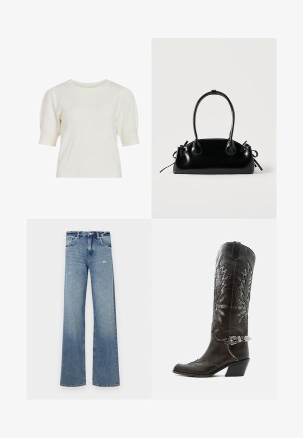 Top en tricot blanc à manches courtes avec un col rond et des manches bouffantes. Texture lisse et silhouette ajustée, adapté pour un look décontracté.; Jean en denim bleu clair avec une taille haute, une coupe large, un léger effet usé et une structure classique à cinq poches.; Botte de cowboy en cuir noir avec découpes décoratives, boucle argentée et talon incliné, présentée sur fond blanc.; Petit sac à main noir brillant avec deux longues anses et des détails à cordon sur les côtés sur un fond clair uni.