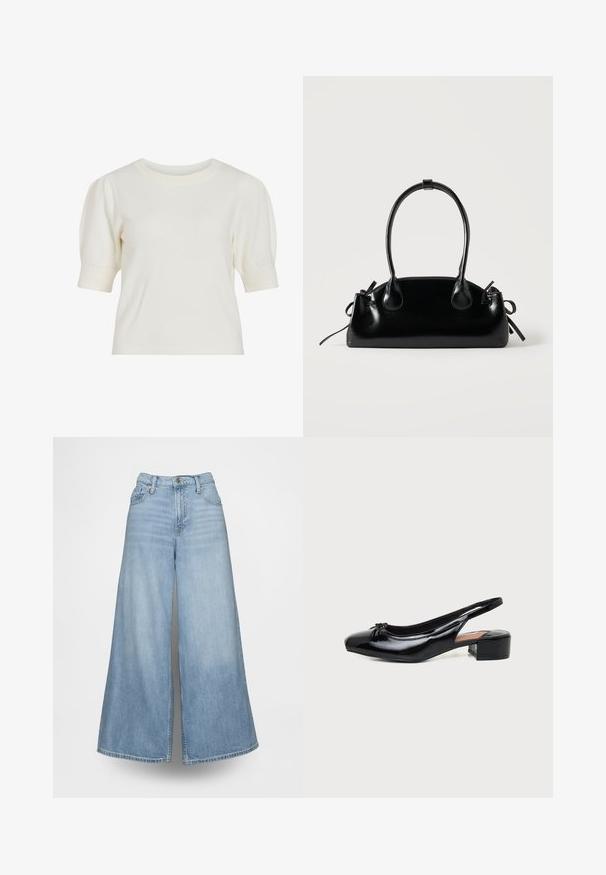 Weißes Kurzarm-Strickoberteil mit rundem Ausschnitt und Puffärmeln. Glatte Textur und figurbetonte Silhouette, geeignet für legere Anlässe.; Hellblaue Jeans mit weitem Bein aus Denim, mit hoher Taille, Fronttaschen und Knopfverschluss. Der Stoff hat eine verblasste Waschung.; Schwarzer Slingback-Schuh aus Lackleder mit niedrigem Blockabsatz und kleinem Schleifendetail an der abgerundeten Spitze, seitlich auf weißem Hintergrund gezeigt.; Kleine schwarze glänzende Handtasche mit zwei langen Griffen und seitlichen Kordelzug-Details vor einfachem hellem Hintergrund.