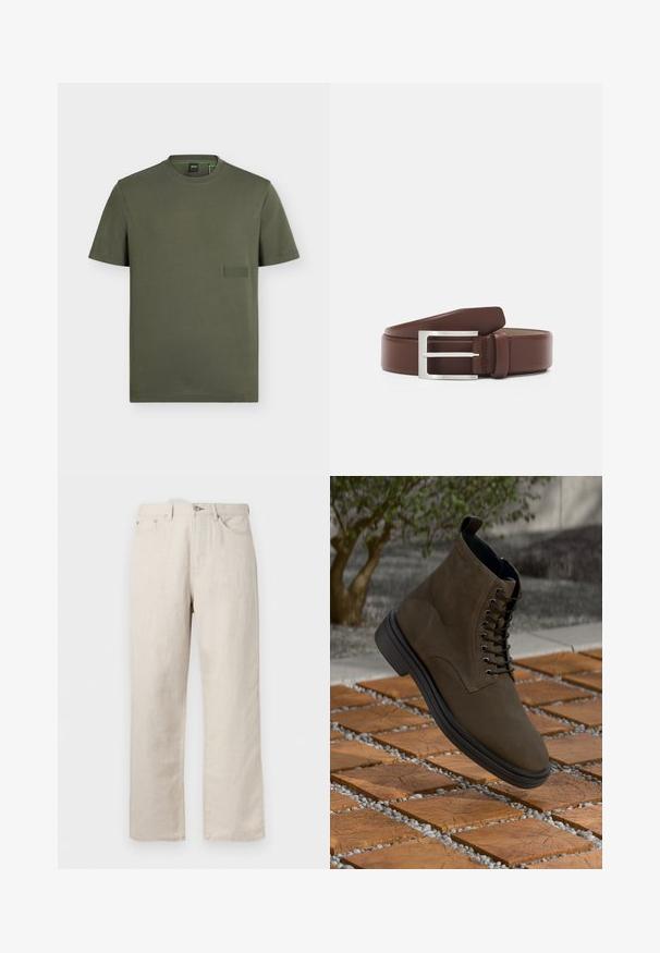 T-shirt vert olive à manches courtes et col rond avec une petite étiquette rectangulaire sur la poitrine gauche portant la mention "BOSS."; Jean beige à jambes droites avec cinq poches, passants pour ceinture, fermeture avant par bouton et zip.; Bottine en daim marron avec semelle en caoutchouc noir, bout rond et œillets en métal. Présente une languette et une surface texturée.; Ceinture en cuir marron avec une boucle rectangulaire en métal argenté, présentant une texture lisse et un design classique.