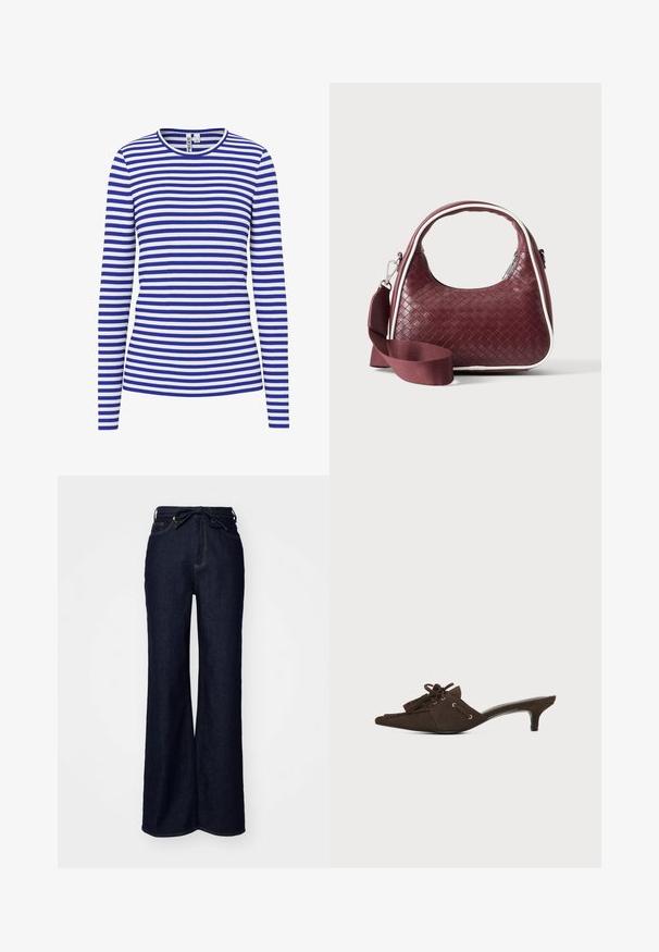 Chemise à manches longues avec des rayures horizontales bleues et blanches et un col rond.; Jean large en denim bleu foncé, avec une taille haute, des poches avant et une fermeture à lacer à la taille.; Mule en daim marron avec bout pointu, petit talon kitten, lacets noués en nœud et détails à pompons sur fond blanc.; Sac à main en cuir tressé marron foncé avec poignée courbée, garniture blanche, fermeture éclair argentée et bandoulière large en tissu amovible sur fond uni.