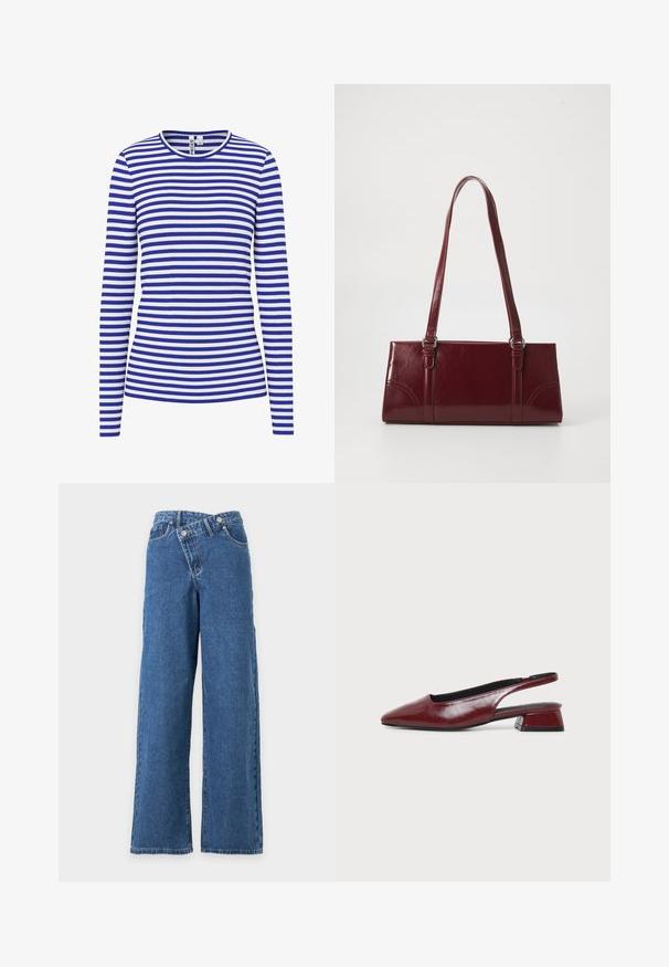 Chemise à manches longues avec des rayures horizontales bleues et blanches et un col rond.; Jean denim bleu à jambes larges, taille haute avec fermeture à boutons chevauchants sur fond blanc uni.; Chaussure slingback en cuir marron avec bout pointu et petit talon carré, vue de profil sur fond clair uni.; Sac à main bordeaux en matériau brillant, de forme rectangulaire, avec deux anses et des accents légèrement courbés à l'avant.
