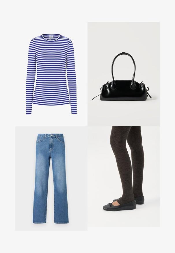 Chemise à manches longues avec des rayures horizontales bleues et blanches et un col rond.; Jeans en denim bleu clair avec une taille haute, un design à jambes larges, cinq poches et des détails de couture visibles. Texture lisse avec un léger délavage.; Jambes portant des leggings côtelés foncés associés à des ballerines noires avec de petits détails en nœud sur fond blanc.; Petit sac à main noir brillant avec deux longues anses et des détails à cordon sur les côtés sur un fond clair uni.