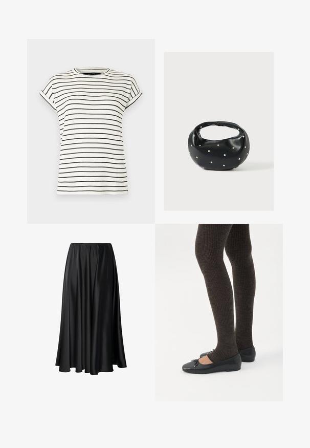 T-shirt blanc à manches courtes avec des rayures noires verticales, col rond et poignets repliés aux manches. Tissu en maille douce.; Jupe maxi noire en tissu lisse, dotée d'une taille élastique, d'une silhouette ample et d'un ourlet fluide sans motifs ni détails visibles.; Jambes portant des leggings côtelés foncés associés à des ballerines noires avec de petits détails en nœud sur fond blanc.; Sac à main en cuir noir de forme arrondie, décoré de clous argentés et équipé d'une poignée courte. Texture lisse et fermeture éclair.