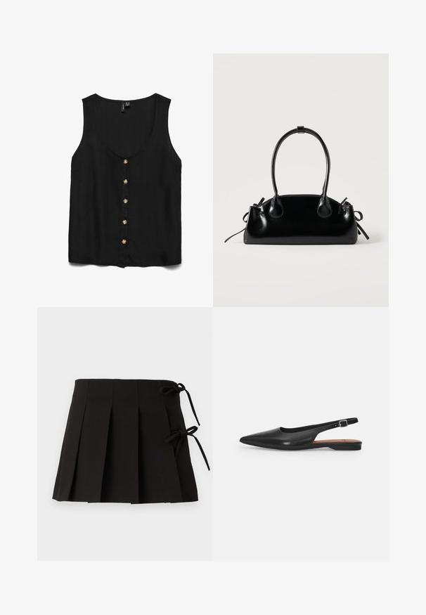 Blusa negra sin mangas con un profundo escote en V, con botones dorados en la parte delantera y un tejido suave y ligero.; Falda plisada negra con lazos laterales, hecha de una tela de textura suave; presenta un diseño estructurado y líneas limpias.; Zapato de cuero negro tipo slingback con punta afilada, ligero brillo y correa ajustable en el tobillo. Tacón plano con plantilla marrón.; Pequeño bolso negro brillante con dos asas largas y detalles de cordón lateral sobre un fondo claro liso.