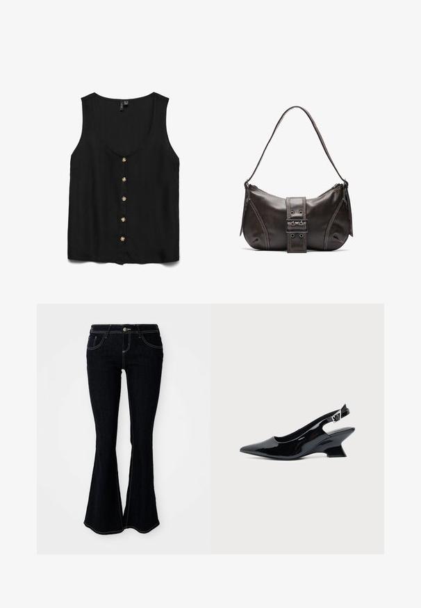 Blusa negra sin mangas con un profundo escote en V, con botones dorados en la parte delantera y un tejido suave y ligero.; Jeans acampanados de lavado oscuro con una cintura alta, bolsillos delanteros y traseros, y costuras en amarillo contrastante.; Zapato slingback de cuero charol negro con puntera puntiaguda y tacón bajo en bloque inclinado sobre fondo claro liso.; Bolso de hombro de cuero marrón con forma curva, que presenta un prominente detalle de hebilla, costuras en contraste y una sola correa para el hombro.