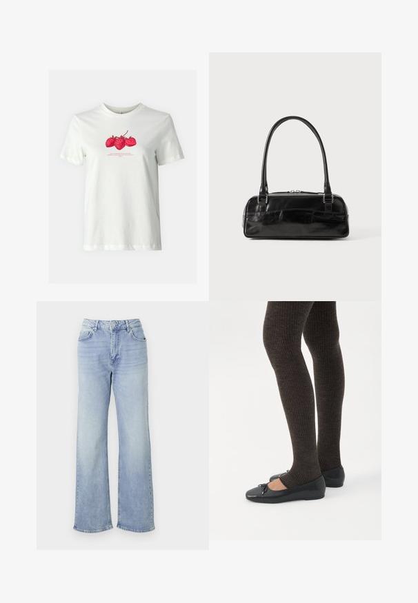 ONLY ONLKATE TEE - T-shirt imprimé - cloud dancer; Jean large bleu clair en denim, avec une taille haute, cinq poches et un ourlet légèrement effiloché.; Jambes portant des leggings côtelés foncés associés à des ballerines noires avec de petits détails en nœud sur fond blanc.; Sac à main en cuir noir de forme rectangulaire, doté d'une seule ansse structurée, de quincaillerie argentée et d'une fermeture éclair. Texture lisse.