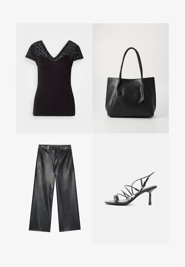 T-shirt noir à col en V avec des manches courtes en dentelle. Tissu lisse avec des détails en dentelle sur les épaules et des bords festonnés le long de l'encolure.; Pantalons en cuir noir largement coupés avec une texture lisse, des passants de ceinture et une fermeture éclair à l'avant. Présente un ajustement lâche et des détails de couture soignés.; Sandale noire à talon haut avec fines lanières courbées, accents argentés et boucle de cheville réglable sur fond blanc.; Sac de tote en cuir tressé noir avec deux poignées, forme structurée et finition légèrement brillante sur un fond clair.