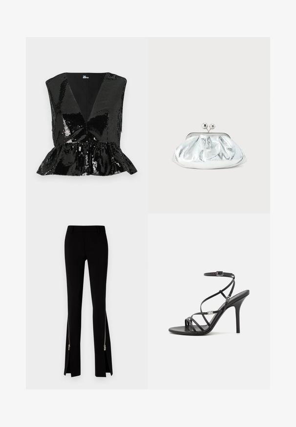 Sort pailletetop med dyb V-udskæring, ærmeløs design og peplum-omstilling. Har en glat indvendig foring og en skinnende, reflekterende tekstur.; DSQUARED2 ICON TRUMPET PANT - Bukser - black; Sort højhælet sandal med tynde stropper, en ankelspænde, en glat læderoverflade og en slank stilethæl.; Lille sølvfarvet metallisk clutch-pung med rundet, rynket design og lukning med to sølvkugler.