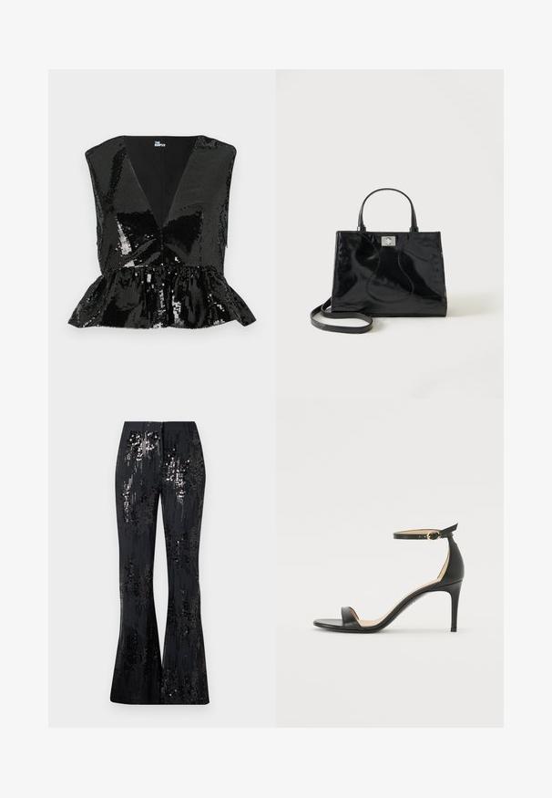 Sort pailletetop med dyb V-udskæring, ærmeløs design og peplum-omstilling. Har en glat indvendig foring og en skinnende, reflekterende tekstur.; The Kooples PANTALON SEUL - Bukser - black; Sort læder højhælede sandaler med ankelrem. Har en glat tekstur, åben tå og en tynd hæl. Guldtonet spænde detalje.; Sort håndtaske i laklæder med afrundede håndtag, aftagelig skulderrem og sølvspænde på ensartet hvid baggrund.