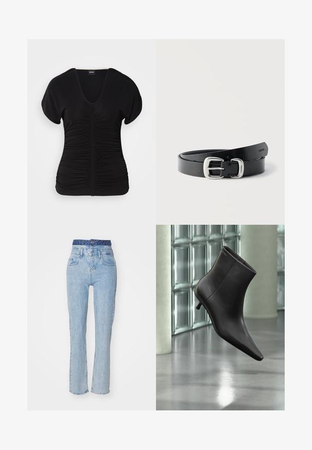 Haut noir à manches courtes avec un décolleté en V et une texture froncée sur le devant, fabriqué en tissu extensible. Il présente un ourlet droit.; Jeans en denim bleu clair avec une taille haute, des jambes légèrement évasées et une ceinture bleue à motifs. Possède des poches avant et une fermeture à bouton.; Bottine en cuir noir avec bout pointu et petit talon, présentée devant un mur en blocs de verre et un sol poli.; Ceinture en cuir noir enroulée avec boucle en métal argenté gravée "Calvin Klein" sur un fond blanc uni.