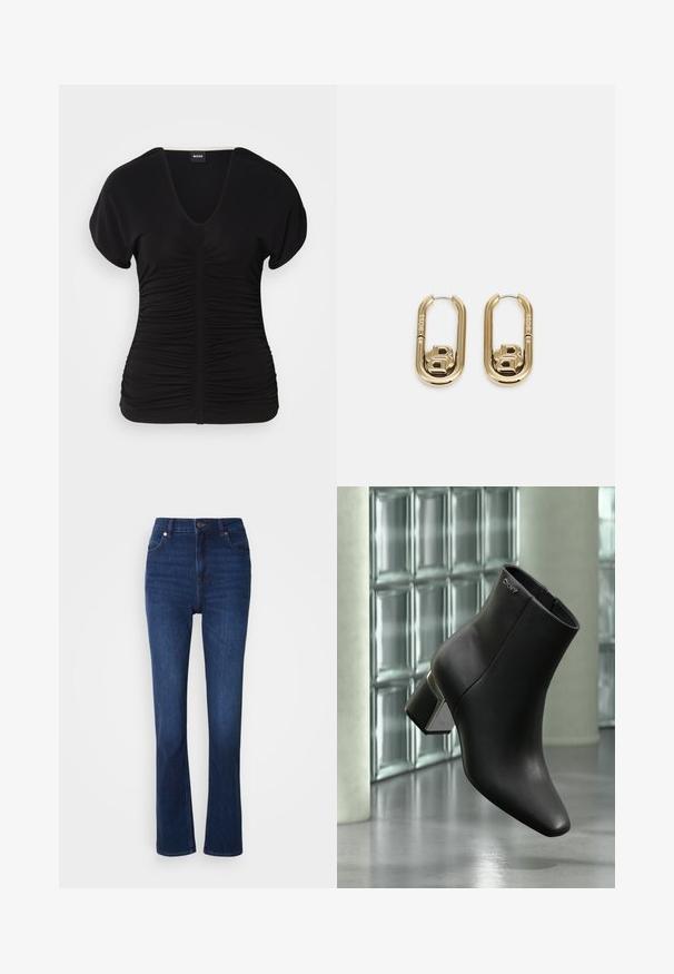 Haut noir à manches courtes avec un décolleté en V et une texture froncée sur le devant, fabriqué en tissu extensible. Il présente un ourlet droit.; Jean en denim bleu foncé avec une taille haute. Présente un style classique à cinq poches et une légère évasement en bas.; Bottine en cuir noir à talon bloc, logo DKNY près du haut, exposée devant un mur en blocs de verre et un sol en béton poli.; BOSS DOUBLE B SWING - Boucles d'oreilles - gold-coloured