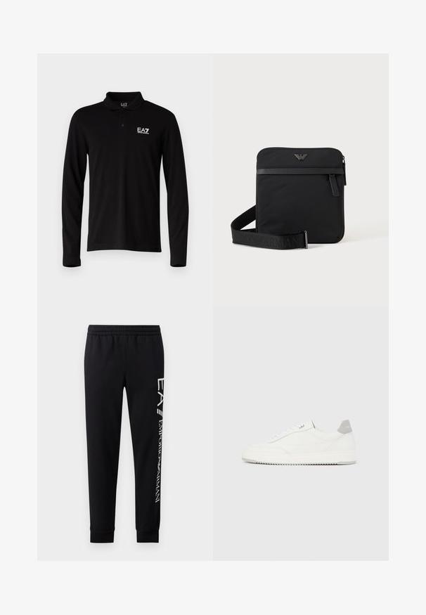 Polo-shirt à manches longues noir en coton, avec une patte de boutonnage à trois boutons et un logo brodé blanc sur le côté gauche de la poitrine.; Pantalons de survêtement noirs en mélange de coton, dotés d'une taille élastique, de jambes fuselées, de poignets côtelés et d'un imprimé logo blanc sur le côté.; Baskets basses blanches avec un onglet de talon gris, des lacets blancs et une semelle texturée, présentées sur un fond uni clair.; Sac bandoulière carré noir avec fermeture éclair, poche avant et sangle réglable avec nom de marque embossé.