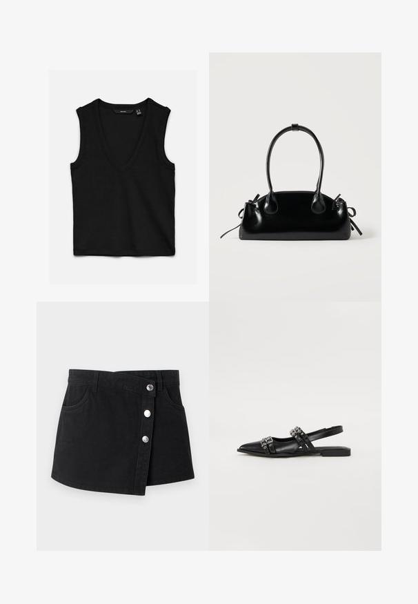 Haut noir sans manches en tricot côtelé avec un col en V profond et une coupe ajustée, posé à plat sur un fond blanc.; Mini-jupe en denim noir avec rabat asymétrique à l’avant, trois boutons-pression argentés, passants de ceinture et deux poches latérales.; Even&Odd Ballerines à brides arrière - black; Petit sac à main noir brillant avec deux longues anses et des détails à cordon sur les côtés sur un fond clair uni.