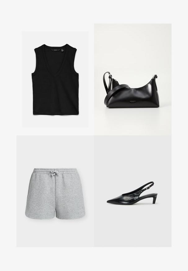 Haut noir sans manches en tricot côtelé avec un col en V profond et une coupe ajustée, posé à plat sur un fond blanc.; Shorts gris clair en mélange de coton avec cordon de serrage, taille élastique et poches latérales, conçus pour un usage décontracté.; Escarpin à bride arrière en cuir noir avec un bout pointu, un petit talon et une sangle à boucle réglable. Texture lisse avec un minimalisme dans les détails.; Sac à main en cuir noir avec une texture lisse. Dispose d'une bandoulière adjustable et d'un design élégant et minimaliste avec une fermeture éclair.