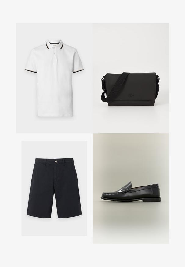 Polo blanc à manches courtes avec rayures noires et beiges sur le col et les bords des manches, patte à deux boutons et tissu en coton doux.; Shorts noirs arrivant au genou avec passants pour ceinture, bouton sur le devant et poches latérales, présentés sur un fond blanc.; Mocassin pour homme en cuir noir avec un design moc-toe, une lanière à monnaie et un talon bas sur un fond neutre.; Lacoste MESSENGER BAG MEN CLASSIC - Sac bandoulière - noir