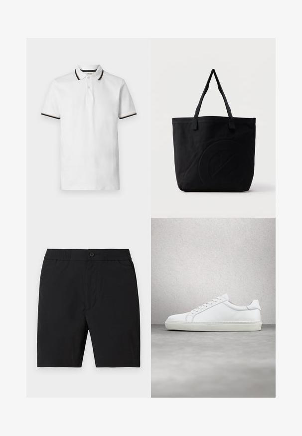 Polo blanc à manches courtes avec rayures noires et beiges sur le col et les bords des manches, patte à deux boutons et tissu en coton doux.; Shorts mi-longs pour hommes noirs avec taille élastique, fermeture par bouton et poches latérales, présentés sur un fond uni.; Sneaker blanche avec une tige en cuir lisse et un profil bas. Présente un bout arrondi, six œillets et une semelle en caoutchouc texturé.; Sac fourre-tout en toile noire avec deux bandoulières et un motif circulaire discret en relief sur le devant.