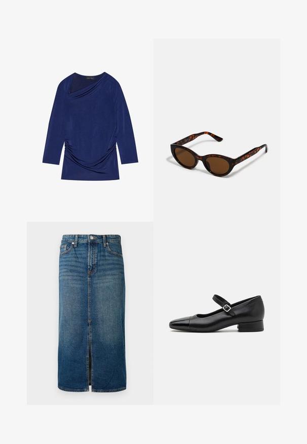 Navyblauw long sleeve top met gedrapeerde halslijn, geplooid zijdetail en zachte, rekbare stof. Etiket zegt "ANNA FIELD."; Donkerblauwe denim midi-jurk met een frontslit, vijf zakken en contrasterende stiksels. Voorzien van een knoop- en ritsluiting bij de taille.; Zwarte leren Mary Jane schoenen met een gepatenteerde neus, verstelbare enkelband en lage blokhak. Een gladde textuur en een elegante uitstraling.; Bruine schildpad zonnebril met een vintage cat-eye vorm en bruine lenzen. Heeft gebogen armen met rode accenten.