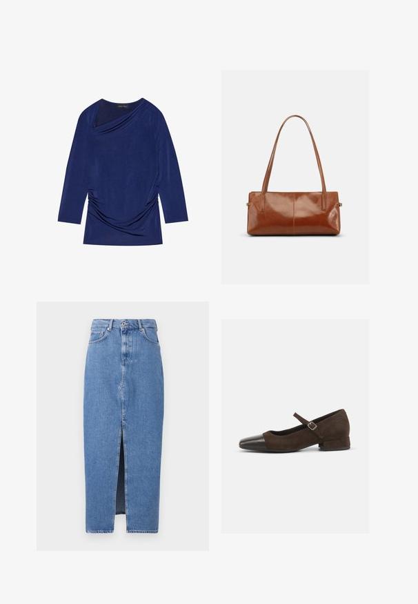 Mørkeblå langærmet top med draperet halsudskæring, samlet sideskildring og blødt, strækbart stof. Mærket siger "ANNA FIELD."; Lyseblå denim midi-nederdel med en frontslids, klassisk fem-lomme design og lukning med topknap. Stoffet har en let struktur.; Brun ruskind Mary Jane-sko med en sort laklæder tåhætte, justerbar rem og en lav blokhæl. Glat tekstur med minimale detaljer.; Rektangulær brun læderhåndtaske med to lange skulderremme, glat blank finish og minimalistisk design på en ensfarvet baggrund.