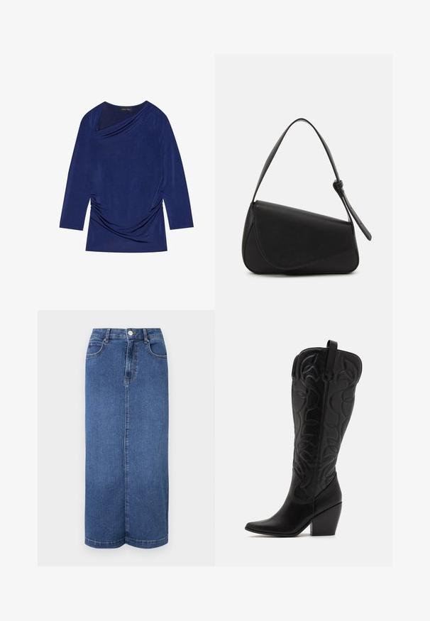 Mørkeblå langærmet top med draperet halsudskæring, samlet sideskildring og blødt, strækbart stof. Mærket siger "ANNA FIELD."; Mørkeblå denim maxiskørt med lige snit, talje med knaplukning og minimale syninger.; Sorte knæhøje støvler i læder med spids snude og lagdelt hæl. Har dekorative syninger og buede designelementer.; Sort læderhåndtaske med en triangular form, skrå klap og et rundt håndtag. Har en glat overflade og minimalistiske design detaljer.