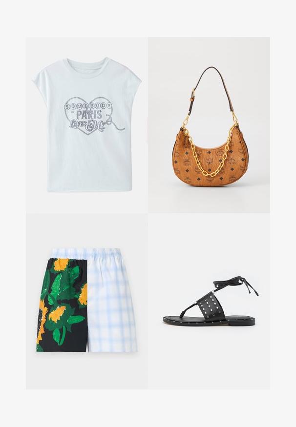 T-shirt en coton bleu clair à manches courtes, arborant un graphique en forme de cœur orné d'un lettrage métallique : "QUELQU'UN À PARIS M'AIME."; Shorts à taille élastique avec design fendu : un côté noir avec de grandes tournesols jaunes et des feuilles vertes, l'autre côté à carreaux bleu clair et blanc.; MICHAEL Michael Kors JAGGER FLAT - Sandales tongs - black; Sac à main en cuir marron en forme de croissant avec des logos MCM noirs, des détails en chaîne dorée et une bandoulière ajustable sur fond blanc.