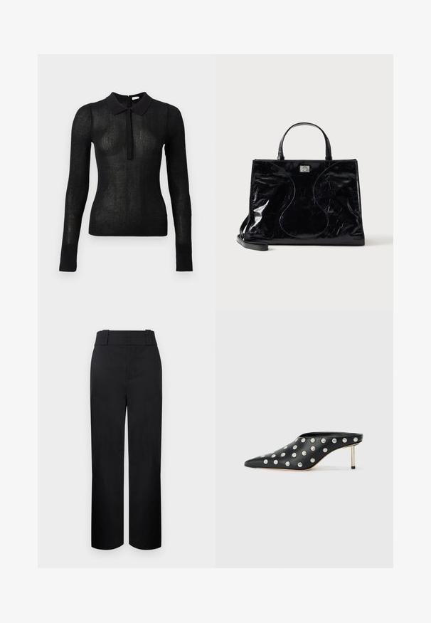 Haut en tricot noir à manches longues, ajusté, avec une texture transparente et un col uni, patte de boutonnage à l'avant, présenté sur un fond uni.; Pantalon noir taille haute, jambes droites, avec larges passants de ceinture et fermeture avant dissimulée sur un fond clair.; STAND STUDIO KELSEY - Mules à talons - black; Sac à main en cuir noir brillant avec poignées courtes, bandoulière amovible et détails de couture discrètement courbés à l’avant.