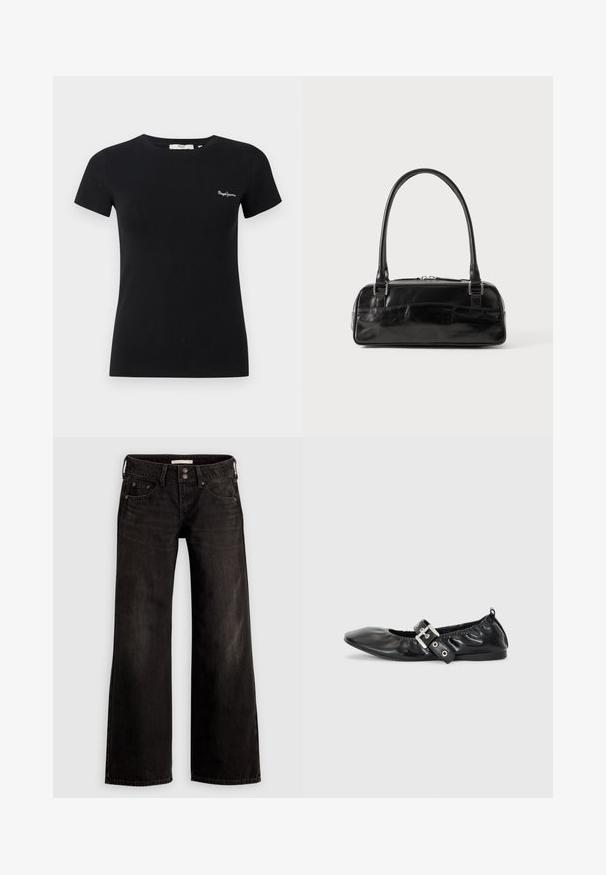 Schwarzes, tailliertes T-Shirt mit kurzen Ärmeln, Rundhalsausschnitt und kleinem weißem "Pepe Jeans"-Logo auf der linken Brust.; Schwarze Jeans mit weitem Bein und leicht ausgeblichenem Finish, ausgestattet mit vorderen Taschen, einem Reißverschluss und einer Knopfverschluss. Hergestellt aus Denimstoff.; Schwarze Leder-Ballerinas mit spitzem Zehenbereich, gerafften Details am Schaft und einem silbernen Schnallenakzent am verstellbaren Riemen.; Schwarze Lederhandtasche in rechteckiger Form, mit einem stabilen Griff, silbernem Zubehör und Reißverschluss. Glatte Textur.
