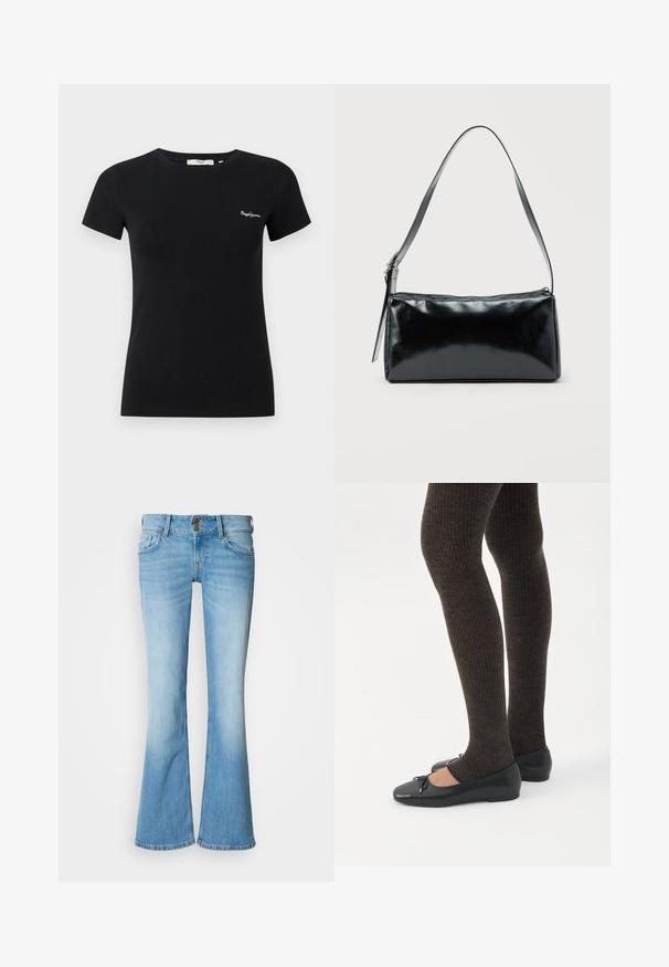 Musta, vartalonmyötäinen lyhythihainen T-paita, jossa pyöreä pääntie ja pieni valkoinen "Pepe Jeans" -logo vasemmassa rinnassa.; Vaaleansiniset denimiin levenevät farkut korkealla vyötäröllä, joissa on klassinen napitus, viisi taskua ja haalistunut pesu, joka luo liukuväriefektin.; Jalat, joissa tummat ribbineuleiset leggingsit yhdistettynä mustiin balettitossuihin, joissa on pienet rusettikoristeet valkoisella taustalla.; Musta suorakaiteen muotoinen olkalaukku, jossa on säädettävä yksittäisolkaimen hihna ja yläreunassa vetoketjusuljin, yksivärisellä taustalla.