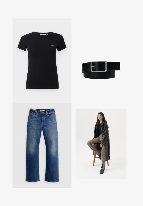 Schwarzes, tailliertes T-Shirt mit kurzen Ärmeln, Rundhalsausschnitt und kleinem weißem "Pepe Jeans"-Logo auf der linken Brust.; Blaue Straight-Leg-Jeans mit vorderen Taschen, Gürtelschlaufen und Verblassen an den Oberschenkeln, auf weißem Hintergrund dargestellt.; Schwarzer Leder-Trenchcoat mit Knöpfen und Gürtel-Detail, kombiniert mit hellbraunen, taillierten Hosen und schwarzen Slippern, sitzt auf einem Holzschemel.; Schwarzer Ledergürtel mit silberner rechteckiger Schnalle und mehreren Verstelllöchern, flach auf weißem Hintergrund liegend.