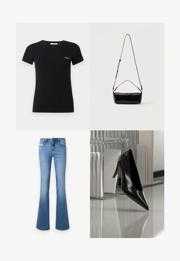 Schwarzes, tailliertes T-Shirt mit kurzen Ärmeln, Rundhalsausschnitt und kleinem weißem "Pepe Jeans"-Logo auf der linken Brust.; Hellblaue Jeans mit ausgestelltem Bein, mittelhohem Bund, fünf Taschen und dezentem Verblassen entlang der Beine. Mit einem gestickten Logotag.; Schwarzer High-Heel-Schuh mit spitzer Zehe und goldem Logo, auf einer reflektierenden Oberfläche nahe einem verchromten Draht-Organizer mit Dokumenten positioniert.; Schwarze rechteckige Leder-Umhängetasche mit verstellbarem Schulterriemen, Reißverschluss oben und kleinem goldfarbenem Calvin Klein-Logo vorne.