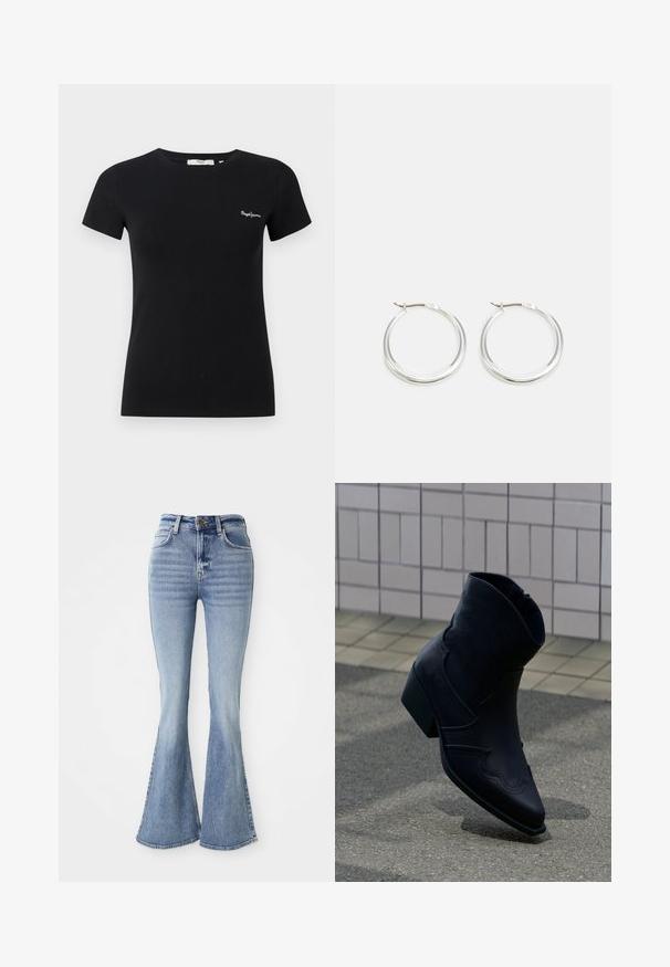 Schwarzes, tailliertes T-Shirt mit kurzen Ärmeln, Rundhalsausschnitt und kleinem weißem "Pepe Jeans"-Logo auf der linken Brust.; Helle blaue hoch taillierte Jeans mit ausgestellten Beinen, Frontknopf und Taschen, auf einem weißen Hintergrund präsentiert.; Schwarzer Lederknöchelstiefel mit niedrigem Absatz, dekorativen Nähten und spitzer Spitze, aufrecht auf einer gepflasterten Fläche neben einer gefliesten Wand positioniert.; Silberne Creolen zeichnen sich durch ein glattes, rundes Design mit einem schlanken Profil und einem sicheren Verschluss aus. Minimalistischer Stil mit glänzender Oberfläche.
