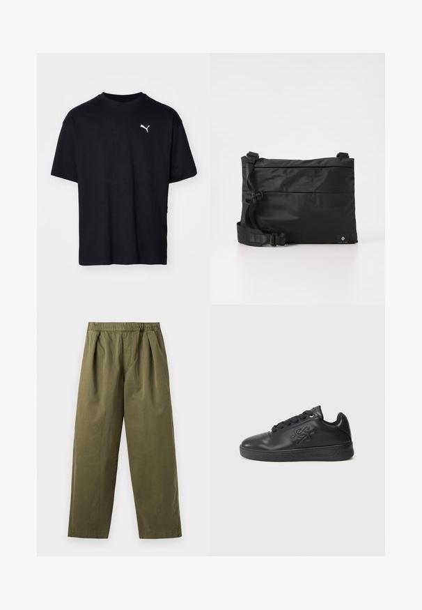 Camiseta de algodón negra de manga corta, con escote redondo y un logo blanco de Puma en la parte superior izquierda del pecho. Corte clásico, textura suave.; Pantalones de pierna ancha en verde oliva con cintura elástica y pliegues delanteros, mostrados sobre un fondo claro.; Zapatilla de cuero negra con un acabado suave, puntera redonda, cordones texturizados y un logo grabado en el costado. Suela de goma plana.; Bolso mensajero de nylon negro con correa ajustable, diseño plano y una etiqueta lateral con un logo. Textura suave y estilo minimalista.