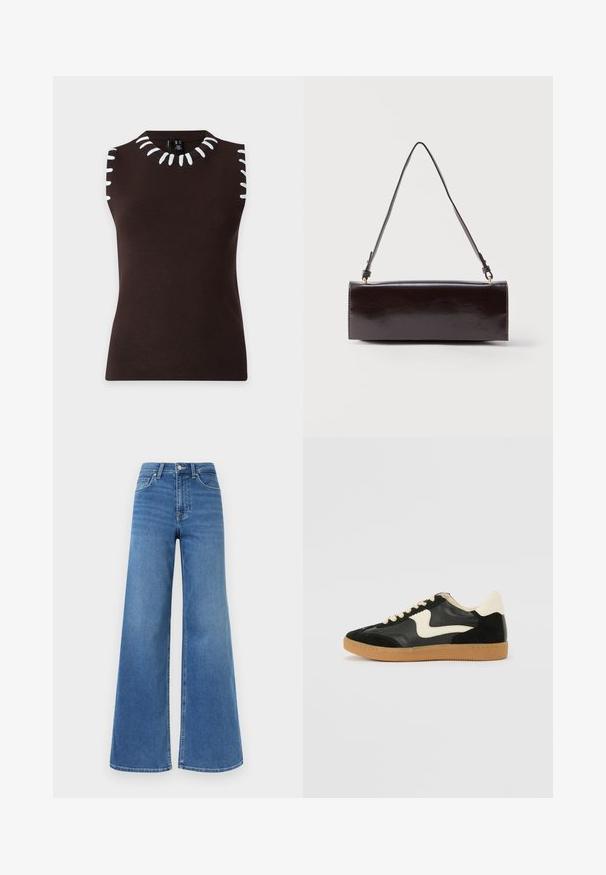 Haut tricoté sans manches marron foncé avec des détails blancs semblables à des coutures autour des ouvertures sur les bras et l'encolure, posé à plat sur un fond clair.; Jean en denim bleu taille haute avec jambes larges, fermeture avant à boutons et fermeture éclair, ainsi que poches avant et arrière.; Baskets en daim et cuir noir avec un swoosh latéral crème et un talon crème clair. Dotées de lacets beige et d'une semelle en caoutchouc gomme.; Sac à main rectangulaire en cuir noir avec une longue bandoulière unique et une finition brillante, présenté sur un fond blanc uni.