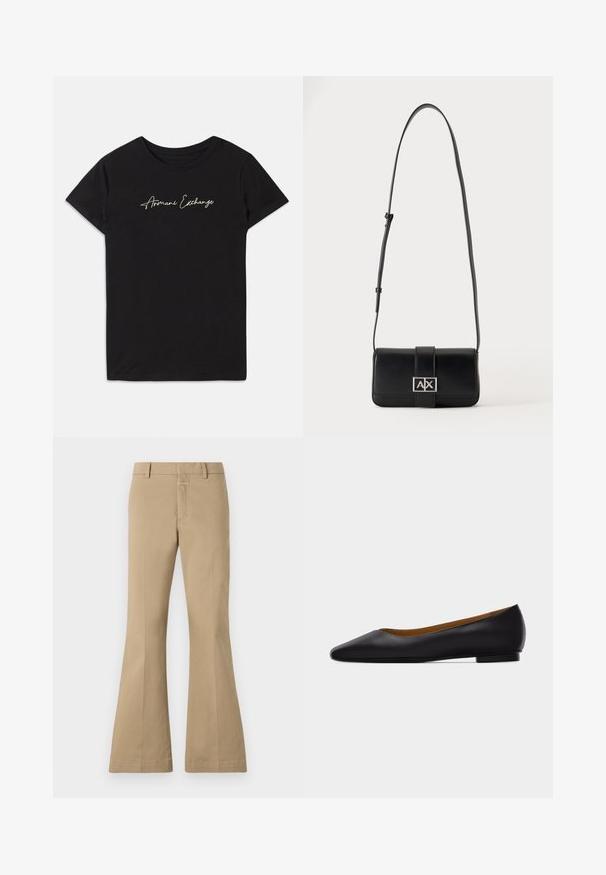 Sort bomulds T-shirt med korte ærmer og rund halsudskæring, prydet med et kursiv "Armani Exchange" logo i hvid.; CLOSED FELISE - Bukser - urban beige; Sort læder flad sko med spids tå, lav hæl og glat finish, vist fra siden på en lysegrå baggrund.; Sort læder skuldertaske med justerbar rem og sølv rektangulær lukning med bogstaverne A og X på en ensfarvet baggrund.