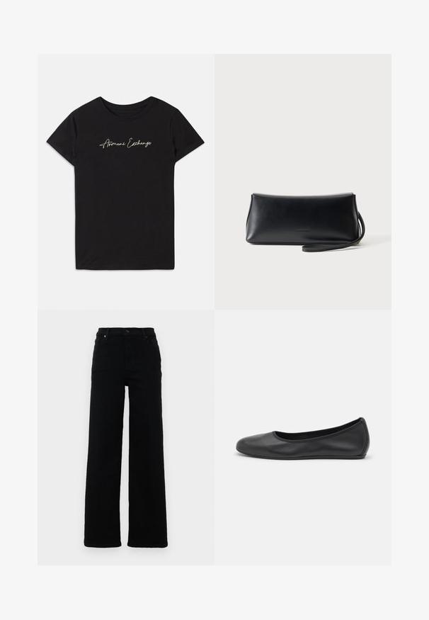 Schwarzes Baumwoll-T-Shirt mit kurzen Ärmeln und Rundhalsausschnitt, verziert mit einem kursiven "Armani Exchange"-Logo in Weiß.; Schwarze hochgeschnittene Jeans mit geradem Bein, aus Denim. Sie verfügen über Gürtelschlaufen, Fronttaschen und einen Knopf-Detail.; Schwarze Leder-Ballettschuhe mit abgerundeter Spitze, glatter Textur, minimalen Nähdetails und einem flexiblen Sohlen-Design.; Schwarze, glatte Leder-Clutch mit schmalem Handgelenksriemen, rechteckiger Form und dezentem, geprägtem Logo mittig auf der Vorderseite.