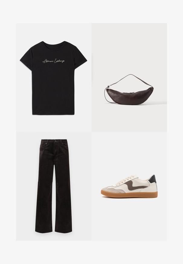 Sort bomulds T-shirt med korte ærmer og rund halsudskæring, prydet med et kursiv "Armani Exchange" logo i hvid.; Sorte bredbenede bukser i fløjl med høj talje, der har to forlommer og en knaplukning. Glat tekstur med lodrette riller.; Sneakers med en cremefarvet læderoverdel, en mørkebrun svine læder detalje, beige snørebånd og en gummigummisål; klassisk lavprofil design.; Mørkebrun læder skuldertaske i halvmåneform med buet rem og synlige syninger på ensfarvet baggrund.
