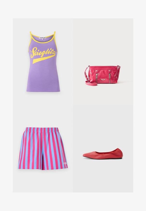 Camiseta de tirantes morada con ribete amarillo, que presenta un gran logo en cursiva blanca "Stieglitz". Material de algodón suave, diseño ajustado.; Pantalones cortos de rayas verticales en rosa brillante y azul claro con cintura elástica y pequeño logo blanco en la parte inferior derecha.; Filippa K REY FLATS - Bailarinas - bright red; Pequeña bolsa bandolera rosa brillante con dos bolsillos verticales con cremallera y una correa ajustable, presentada sobre un fondo liso.
