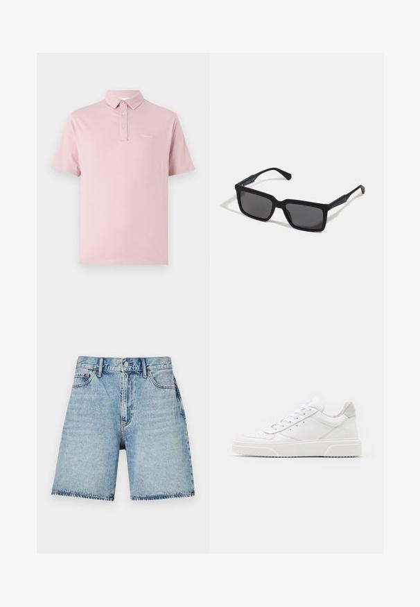 Pehmeast roosast puuvillast polo särk, millel on krae, kahe nupuga napp ja väike logo vasakul rinnal. Lühikesed varrukad, tavaline lõige.; Heledad sinine denim lühikesed püksid, sirge lõikega, viis taskut ja nähtav õmblus. Omab nööpidega lukku ees.; Valged nahast spordijalatsid siledast nahast viimistlusega, ümarate varvastega, lamekestega ja tekstuuriga tallaga. Hall suede aktsent kanna juures.; Mustad musta raamiga päikeseprillid, millel on ristkülikukujulised objektiivid, matt viimistlus, paksud raami ja peened käepidemed, millel on peen brändimise detail.