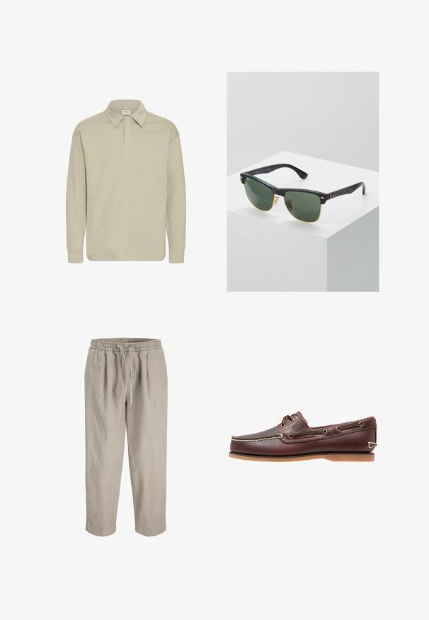 Polo à manches longues de couleur beige clair, avec un col et une texture subtile. Pas de logos ni de motifs visibles.; Pantalon décontracté beige clair avec ceinture élastique et cordon de serrage, jambes droites, sans poches visibles ni motifs.; Chaussure bateau en cuir marron avec coutures blanches, détails de lacets et semelle en caoutchouc beige, vue de côté sur fond blanc.; Lunettes de soleil Ray-Ban avec des verres verts, monture en plastique noir et accents dorés sur les bords. Forme carrée avec une finition mate.