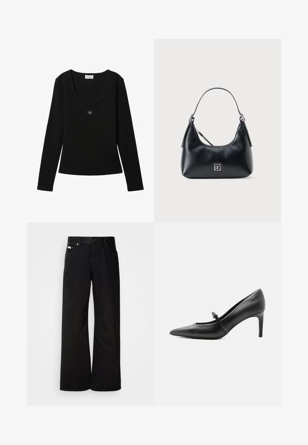 Sort langærmet ribbet top med rund halsudskæring og lille Calvin Klein logo patch centreret på brystet.; Sorte breddebenede jeans lavet af bomuld. Har forlommer, en knaplukning og en klassisk denimtekstur. Minimalistisk design uden mønstre.; Sort læderspids højhælede sko med tynd rem og spænde over vristen, stående på en neutral lys baggrund.; Sort læder skuldertaske med et enkelt håndtag, lynlåslukning og et lille kvadratisk sølvlogo på forsiden.