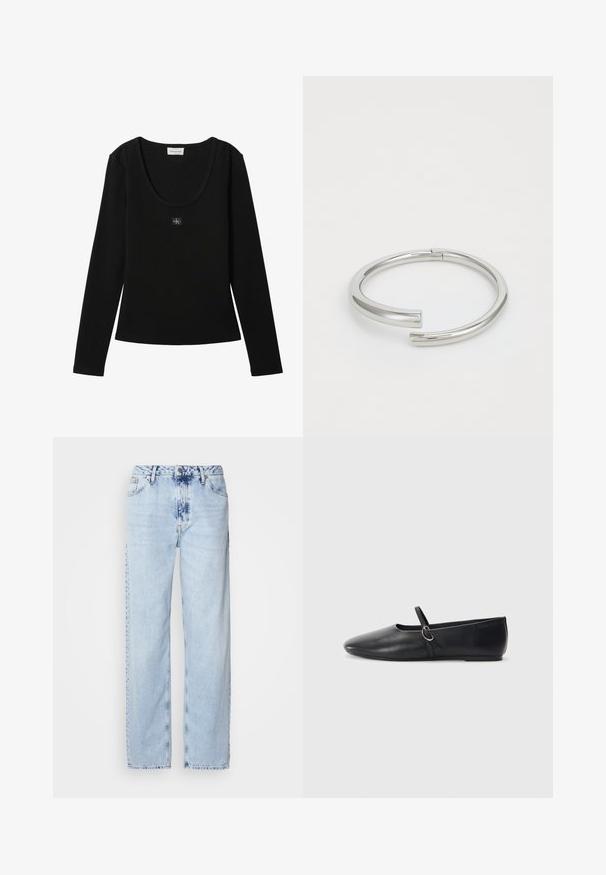 Top negro de manga larga acanalado con escote redondo y pequeño parche con el logo de Calvin Klein centrado en el pecho.; Jeans de pierna ancha en azul claro, confeccionados en denim, con una cintura alta, un lavado desgastado y un sutil patrón de tie-dye en la parte delantera.; Bailarinas de cuero negro con punta afilada, suela plana y una pequeña correa con detalle de hebilla plateada.; Calvin Klein SPIRAL - Pulsera - silver-coloured