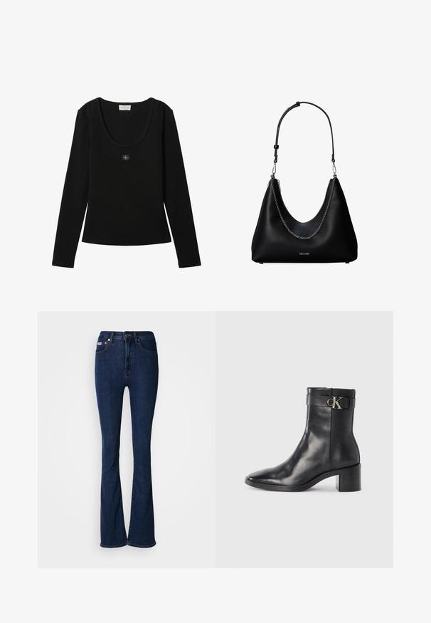 Sort langærmet ribbet top med rund halsudskæring og lille Calvin Klein logo patch centreret på brystet.; Mørkeblå flagrende jeans lavet af denim med høj talje, der har lynlås, knaplukning og subtile syningsdetaljer.; Sort læder ankelstøvle med spids tå, blokhæl og en rem med en metallisk logo detalje. Glat tekstur og minimalistisk design.; Sort læderhåndtaske med sølvkæde detalje og justerbar skulderrem, med Calvin Klein-logo på forsiden.