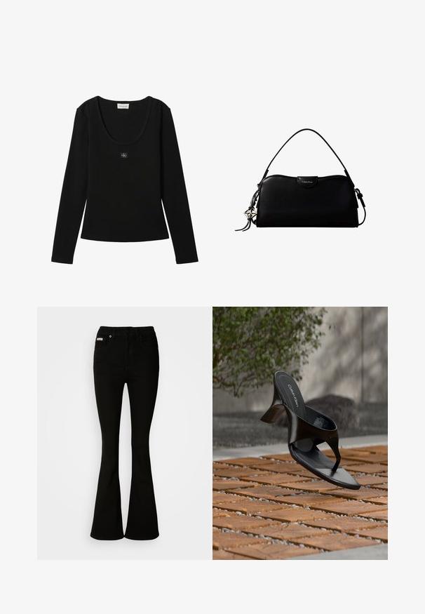 Sort langærmet ribbet top med rund halsudskæring og lille Calvin Klein logo patch centreret på brystet.; Sorte bukser med flare, der har en tætsiddende talje, lavet af blødt denim. Har to forlommer og en klassisk knap- og lynlåslukning.; Sort Calvin Klein hæl-sandal med åben tå, der svæver over en udendørs flisebelagt overflade med grønne planter og en betonvæg i baggrunden.; Sort rektangulær Calvin Klein håndtaske med enkelt toprem, sølvlogo vedhæng og lille klaplukning foran.
