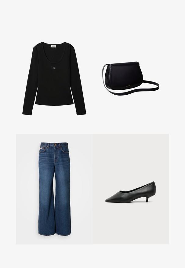 Top negro de manga larga acanalado con escote redondo y pequeño parche con el logo de Calvin Klein centrado en el pecho.; Vaqueros de pierna ancha hechos de denim azul oscuro. Incluyen una cintura alta, cinco bolsillos y costuras en contraste de color naranja a lo largo de las costuras.; Zapato de mujer negro de cuero con tacón bajo, puntera puntiaguda y pequeño tacón kitten sobre fondo claro liso.; Bolso de hombro de piel negra con forma curva y asa delgada, pequeño logo dorado de Calvin Klein centrado cerca de la base.