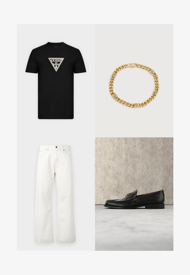 Tricou negru cu mâneci scurte, cu logo Guess triunghiular alb și design cu semn de întrebare centrat pe piept.; Jeanși albi evazați din denim, cu un talie standard, buzunare frontale și închidere cu nasture. Țesătură texturată cu un finisaj curat.; Mocasini negri din piele cu bareta metalică aurie și inscripția "HUGO", expuși pe un covor bej și mobilier maro translucid.; Brățară din lanț auriu cu cinci zale dreptunghiulare decorative, având mici cristale încrustate și închidere cu carabină.