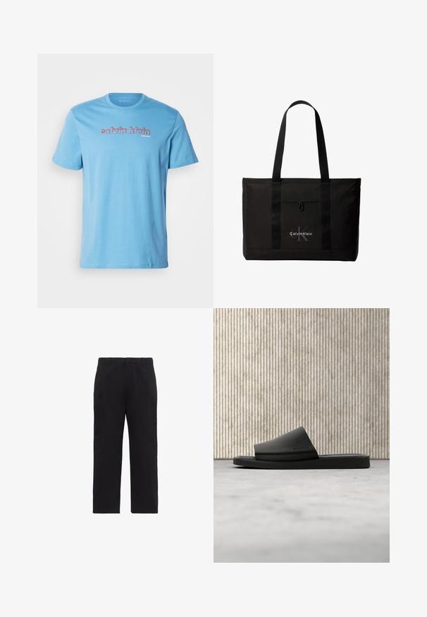 Vaaleansininen puuvillateeppari, jossa on lyhyet hihat ja pyöreä pääntie. Rintaosassa on rohkea "calvin klein" -logo punaisena.; Mustat suorat housut vyölenkeillä, etuvetoketjulla ja sivutaskuilla, esitetty valkoisella taustalla.; Musta Calvin Kleinin liukuva sandaali lepässä vaaleanbeigeillä matolla pyöreän, meripihkanvärisen pöydän vieressä puupaneeliseinän taustalla.; Musta Calvin Kleinin kangaskassi, jossa kaksi pitkää kahvaa ja etutasku, brändin logo valkoisena ja harmaana.