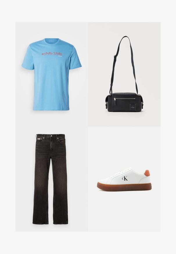 Lichtblauwe katoenen T-shirt met korte mouwen en een ronde halslijn, met een vet "calvin klein" logo in het rood over de borst.; Zwarte denim jeans met een rechte pasvorm, vervaagde afwerking, vijf zakken en metalen knoopsluiting. Bevat een lichte wassing.; Witte lage sneaker met bruine zool, oranje hieltab, veters en "cK" logo aan de zijkant.; Zwarte rechthoekige crossbodytas met voorvak met rits, verstelbare schouderriem en kleine Calvin Klein logo-patch.