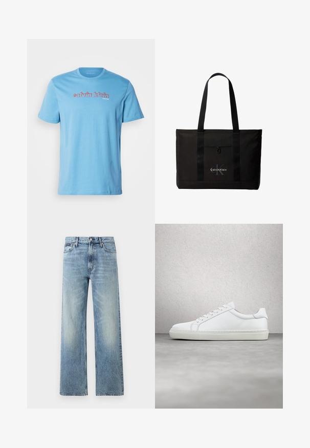 Svetlomodré bavlnené tričko s krátkymi rukávmi a okrúhlym výstrihom, s výrazným logom "calvin klein" napísaným červenou farbou cez hruď.; Svetlomodré riflové nohavice s rovnými nohavicami, vysokým pásom, piatimi vreckami, zapínaním na gombík a jemným vyblednutím na stehnách a kolenách.; Biele tenisky s hladkým koženým zvrškom a nízkym profilom. Majú zaoblenú špičku, šesť očiek a štruktúrovanú gumovú podrážku.; Čierna taška Calvin Klein typu tote s dvoma dlhými rúčkami a predným vreckom, s logom značky v bielej a sivej farbe.