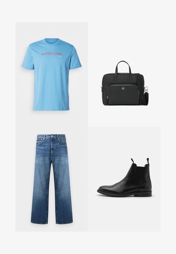 Lichtblauwe katoenen T-shirt met korte mouwen en een ronde halslijn, met een vet "calvin klein" logo in het rood over de borst.; Blauwe denim jeans met wijd uitlopende pijpen, voorste knoop- en ritssluiting, vijf zakken en subtiele vervaagde details op de dijen.; Zwarte leren Chelsea boot met elastische zijpanelen, ronde neuzen, aantreklussen en een lage gestapelde hak. Glad materiaal en klassiek ontwerp.; Zwarte laptoptas van gestructureerd kunstleer. Voorzien van dubbele handgrepen, een verwijderbare schouderband en een voorvak met rits en logo.
