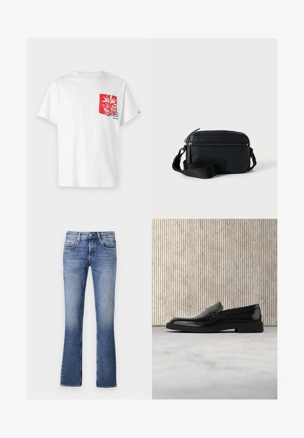 Hvid bomulds-T-shirt med en rød lomme, der har blomsterdesign og tekst. Korte ærmer, rund hals og afslappet pasform.; Lyseblå denimjeans med en udvidet ben-design, der har fem lommer, en knaplukning foran og diskret falmning overalt.; Sort poleret læderloafer flydende over beige tæppe med orange gennemsigtigt møbel i baggrunden.; Sort tekstureret læder skuldertaske med justerbar rem, lynlåslommer og et diskret mærke på fronten.